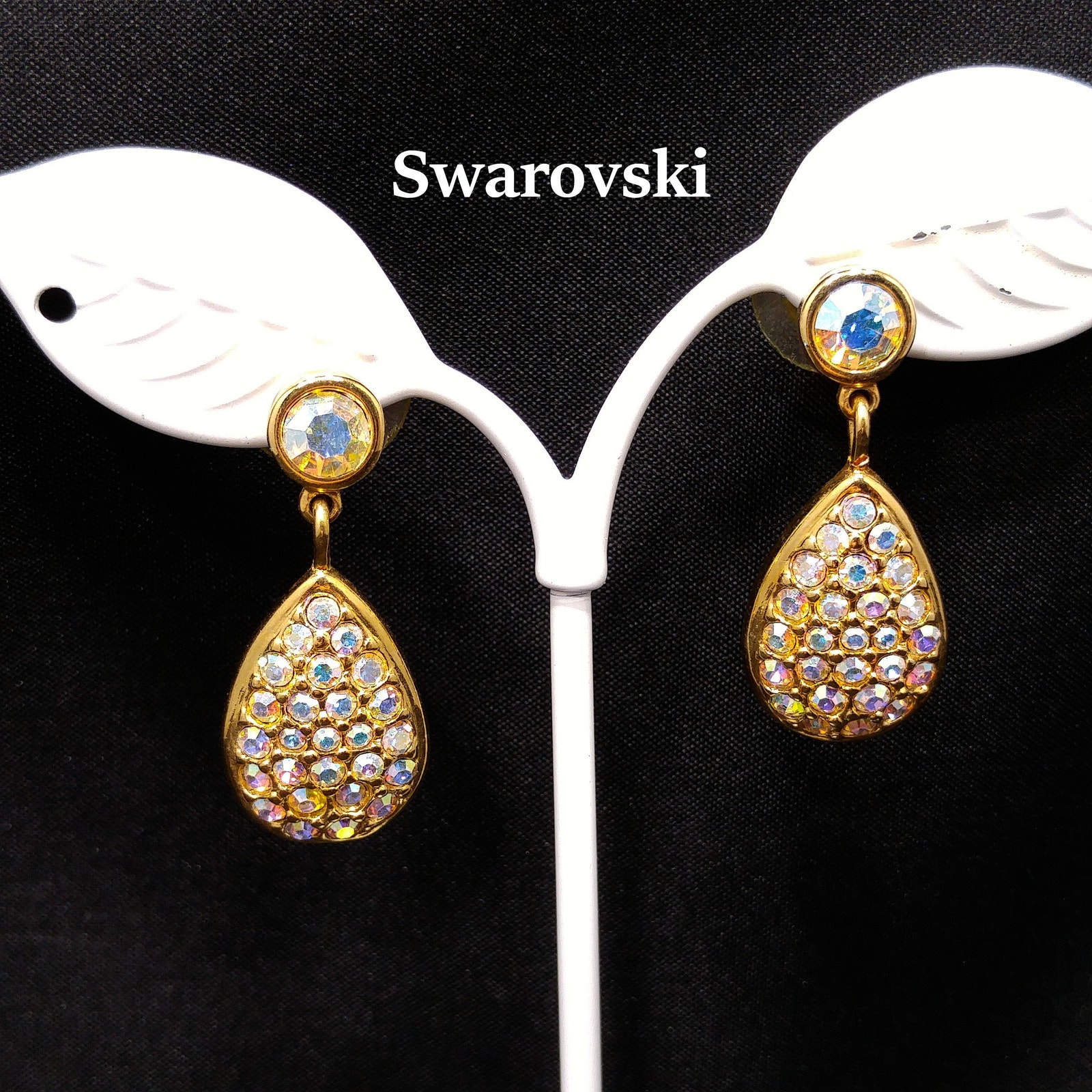 Vintage Swarovski Ab Rhinestone Gold Tone Teardrop Dangle Earrings